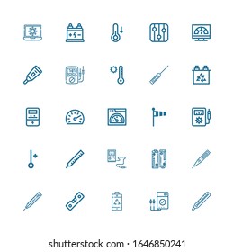 25 iconos de indicadores editables para web y móvil. El conjunto de indicadores incluye iconos línea Termómetro, Voltímetro, Batería, Nivel, Windsock, Velocidad, Velocímetro, Temperatura en fondo blanco