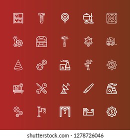 Editable 25 industrial icons for web and mobile. Set of industrial included icons line Cogwheel, Machine, Crane, Industrial robot, Gear, Chimney, Cutter, Satellite dish on red