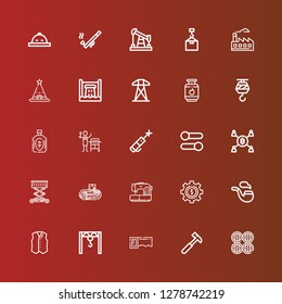 Editable 25 industrial icons for web and mobile. Set of industrial included icons line Barrels, Hammer, Saw, Crane, Vest, Pipe, Cogwheel, Sewing machine, Conveyor, Lift on red