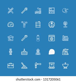 Editable 25 industrial icons for web and mobile. Set of industrial included icons line Satellite dish, Conveyor, Hammer, Control, Toolbox, Chimney, Helmet, Engineer on blue background