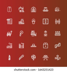 Editable 25 Industrial Icons For Web And Mobile. Set Of Industrial Included Icons Line Pipe, Electric Tower, Fan, Cutter, Pipes, Box, Hat, Factory, Machine, Electric, Barrier On Red