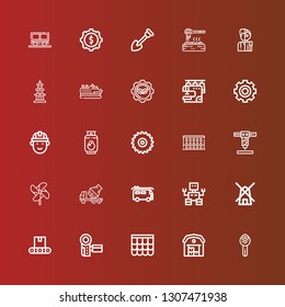 Editable 25 industry icons for web and mobile. Set of industry included icons line Wrench, Warehouse, Roof, Camcorder, Conveyor, Mill, Robot, Van, Cement truck, Windmill on red