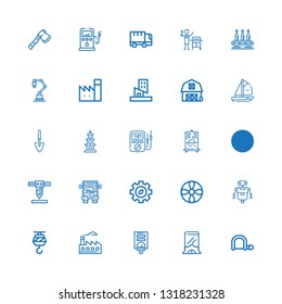 Editable 25 industry icons for web and mobile. Set of industry included icons line Hacksaw, Setup, Water heater, Factory, Crane, Robot, Propeller, Gear, Delivery truck on white background