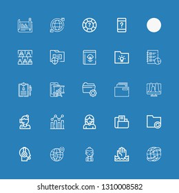 Editable 25 info icons for web and mobile. Set of info included icons line Worldwide, Help, Call center, Customer service, Folder, Analysis, Analytics, Medical history on blue background
