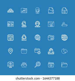 Editable 25 info icons for web and mobile. Set of info included icons line Folder, Analytics, Chalk, Medical record, Night mode, Help, Favorite, Worldwide, Data on blue background
