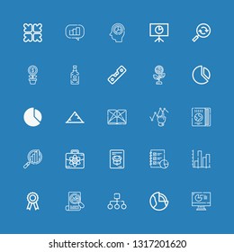 Editable 25 infographic icons for web and mobile. Set of infographic included icons line Analytics, Geothermal, Structure, Stats, Certificate, Business, Travel guide on blue background
