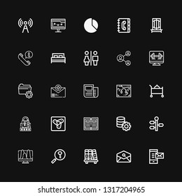 Editable 25 information icons for web and mobile. Set of information included icons line Mail, Email, Bookshelf, Password, Analytics, Signpost, Server, Book on black background
