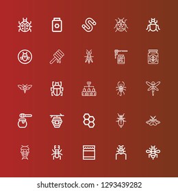 Editable 25 insect icons for web and mobile. Set of insect included icons line Bee, Parasite, Honey, Beetle, Insect, Moth, Leaf Honeycomb, Beehive, Dragonfly, Scorpion on red