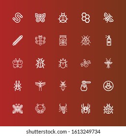 Editable 25 insect icons for web and mobile. Set of insect included icons line Ladybug, Spider, Scorpion, Butterfly, Bug, Honey, Leaf insect, Locust, Beetle, Dragonfly on red