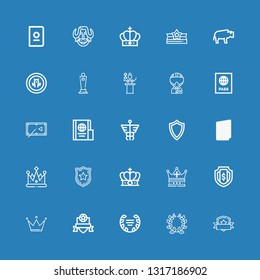 Editable 25 insignia icons for web and mobile. Set of insignia included icons line Shield, Laurel, Badge, Crown, Police badge, Passport, Caduceus, Pool table on blue background