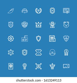 Editable 25 insignia icons for web and mobile. Set of insignia included icons line Pool table, Caduceus, Vpn, Badge, Passport, Award, Eagle, Leather, Shield on blue background