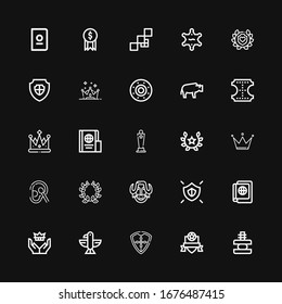 Editable 25 insignia icons for web and mobile. Set of insignia included icons line Force, Badge, Shield, Eagle, Crown, Passport, Bison, Laurel, Cotton, Award on black background
