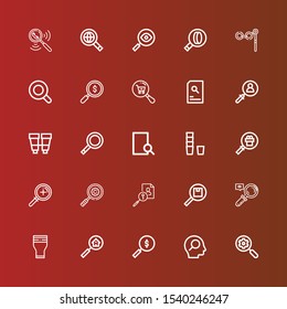 Editable 25 inspect icons for web and mobile. Set of inspect included icons line Search, Glass, Magnifying, Magnifying glass, Zoom, Binoculars, Searching on red