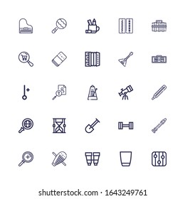 Editable 25 instrument icons for web and mobile. Set of instrument included icons line Levels, Glass, Binoculars, Guiro, Zoom, Flute, Weight, Shovel, Hourglass on white background