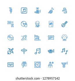 Editable 25 instruments icons for web and mobile. Set of instruments included icons line Trumpet, DJ, Music, Panpipe, Cymbal, Cello, Musician, Marimba, Gramophone on white background