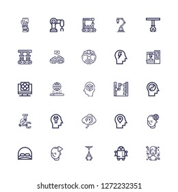 Editable 25 intelligence icons for web and mobile. Set of intelligence included icons line Hologram, Robot, Industrial robot, Mind, Cap, Retrocognition, Robot arm on white background