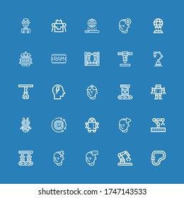 Editable 25 intelligence icons for web and mobile. Set of intelligence included icons line Circuit, Robot, Mind, Robot arm, Robotic arm, Technology, Industrial robot on blue background