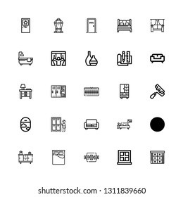 Editable 25 interior icons for web and mobile. Set of interior included icons line Cabinet, Window, Work table, Bed, Cupboard, Sofa, Bedroom, Lockers, Paint roller on white background