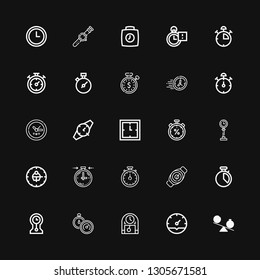 Editable 25 interval icons for web and mobile. Set of interval included icons line Time, Clock, Stopwatch, Clocks, Chronometer, Watch, Stopclock, Stop watch on black background