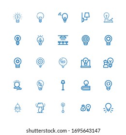 Editable 25 invention icons for web and mobile. Set of invention included icons line Idea, Ideas, Lamp, Light, Bulb, Lightbulb on white background