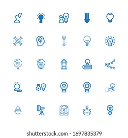 Editable 25 invention icons for web and mobile. Set of invention included icons line Idea, Brainstorm, Light, Lamp, Lightbulb, Ideas, Inspiration, Glow on white background