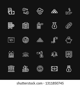 Editable 25 investment icons for web and mobile. Set of investment included icons line Money bag, Bonds, Dollar, Growth, Museum, Safe deposit, Exchange, Gold on black background