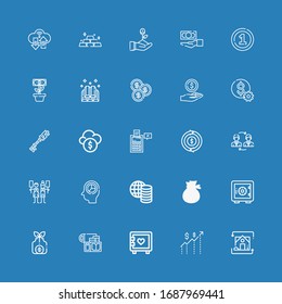 Editable 25 investment icons for web and mobile. Set of investment included icons line Exchange, Money, Strongbox, Gold, Money bag, Safe deposit, Statistics on blue background