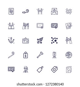 Editable 25 invitation icons for web and mobile. Set of invitation included icons line Birthday card, Label, Price tag, Park ranger, Diploma, Holden, Wedding sign on white background