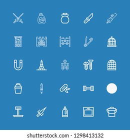 Editable 25 iron icons for web and mobile. Set of iron included icons line Bucket, Weight, Detergent, Sai, Knife, Bird cage, Screw, Slavery, Eiffel tower, Magnet on blue background