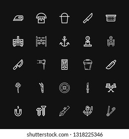 Editable 25 iron icons for web and mobile. Set of iron included icons line Safety pin, Anchor, Screw, Magnet, Iron, Knife, Weight, Tweezers, Mace, Bucket, Guillotine on black background