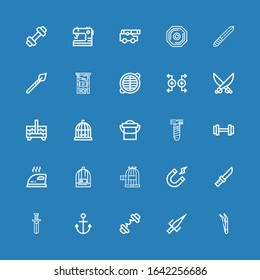 Editable 25 iron icons for web and mobile. Set of iron included icons line Tweezers, Sai, Barbell, Anchor, Knife, Magnetism, Bird cage, Iron, Weight, Screw on blue background