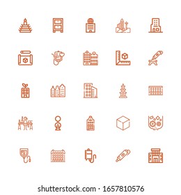 Editable 25 iconos isométricos para web y móvil. Conjunto de iconos isométricos incluidos línea Edificio, pluma de impresión, transfusión de sangre, Bolsa de sangre, Cruzado, Cubo sobre fondo blanco