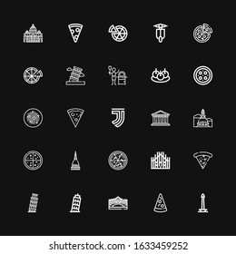 Editable 25 italian icons for web and mobile. Set of italian included icons line Monas, Pizza, Rialto bridge, Pisa, Milan, Mole antonelliana, Pantheon, Juventus on black background