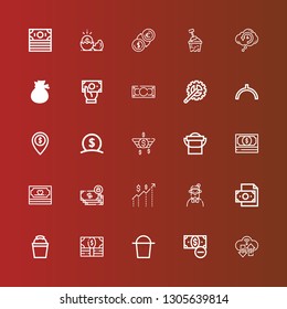 Editable 25 item icons for web and mobile. Set of item included icons line Money, Bucket, Hipster, Noon, Crank arm, Retrocognition on red