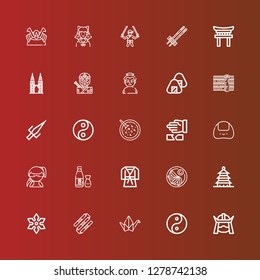 Editable 25 japan icons for web and mobile. Set of japan included icons line Samurai, Yin yang, Origami, Nunchaku, Shuriken, Pagoda, Jiaozi, Judo, Sake, Ninja, Onigiri on red