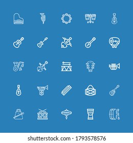 Editable 25 jazz icons for web and mobile. Set of jazz included icons line Drum, Timpani, Cymbal, Cowbell, Guitar, Harmonica, Trumpet, Cello, Jazz, Mandolin on blue background