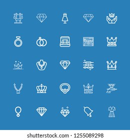 Editable 25 jewelry icons for web and mobile. Set of jewelry included icons line Fashion, Ring, Diamond, Necklace, Crown, Pendant, Jewelry, Treasure, Earrings on blue background