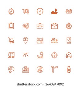 Editable 25 journey icons for web and mobile. Set of journey included icons line Suitcase, Straight, Gps, Path, Luggage, Compass, Maps, Road, Locomotive, Cargo ship on white background