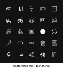 Editable 25 joy icons for web and mobile. Set of joy included icons line Cynicism, Gamepad, Jumping, Joystick, Spinning top, Pool, Ferris wheel, Party blower on black background