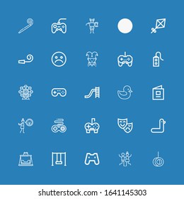 Editable 25 joy icons for web and mobile. Set of joy included icons line Swing, Joy, Gamepad, Duck, Theatre mask, Disgusted, Baby book, Toboggan, Ferris wheel on blue background