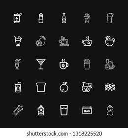 Editable 25 juice icons for web and mobile. Set of juice included icons line Drink, Bar, Milkshake, Bottle, Toast, Lemonade, Orange, Soda, Tea, Cocktail, Coconut drink on black background