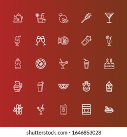 Editable 25 juice icons for web and mobile. Set of juice included icons line Spaghetti, Baby food, Drink, Cocktail, Sugar cane, Milkshake, Jug, Lemon, Bottle, Lemonade on red