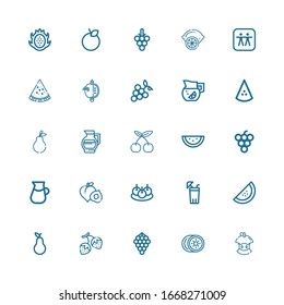 Editable 25 juicy icons for web and mobile. Set of juicy included icons line Bitten apple, Kiwi, Grapes, Strawberry, Pear, Watermelon, Lemonade, Bitterballen on white background