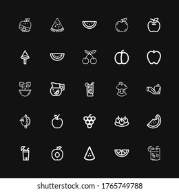 Editable 25 juicy icons for web and mobile. Set of juicy included icons line Lemon juice, Lemon, Watermelon, Apricot, Lemonade, Bitterballen, Grape, Apple on black background