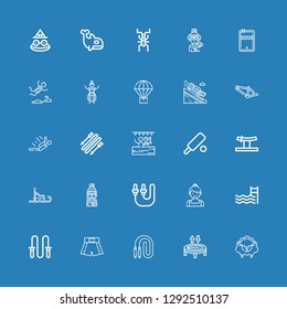 Editable 25 jump icons for web and mobile. Set of jump included icons line Sheep, Trampoline, Jumping rope, Boxing shorts, Swimming pool, Ballerina, Skip rope on blue background
