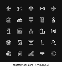 Editable 25 justice icons for web and mobile. Set of justice included icons line Weight, Balance, Equalizer, Prison, Justice, Auction hammer, Guilt, Scale on black background