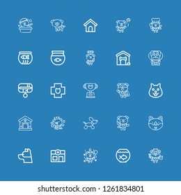 Editable 25 kennel icons for web and mobile. Set of kennel included icons line Dog, Fish bowl, Veterinary, Pet, Collar, Dog house on blue background