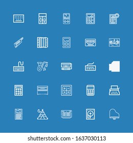 Editable 25 keyboard icons for web and mobile. Set of keyboard included icons line Piano, Hard disc, Keyboard, Tipi, Calculator, Typewriter, Jazz, Vga, Accordion on blue background