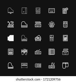Editable 25 keyboard icons for web and mobile. Set of keyboard included icons line Conga, Keyboard, Accordion, Piano, Typewriter, Calculator, Gameboy, Tipi on black background