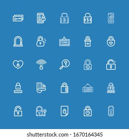 Editable 25 keyhole icons for web and mobile. Set of keyhole included icons line Keyhole, Padlocks, Locked, Padlock, Unlock, Password, Closed, Unlocked, Lock on blue background